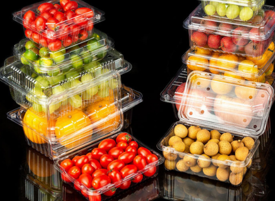 Scatole per frutta, vassoi per frutta, scatole per imballaggio di carne, scatole per imballaggio di verdura, scatole per fast food, nonché scatole trasparenti in PVC, PP, PET e scatole stampate.